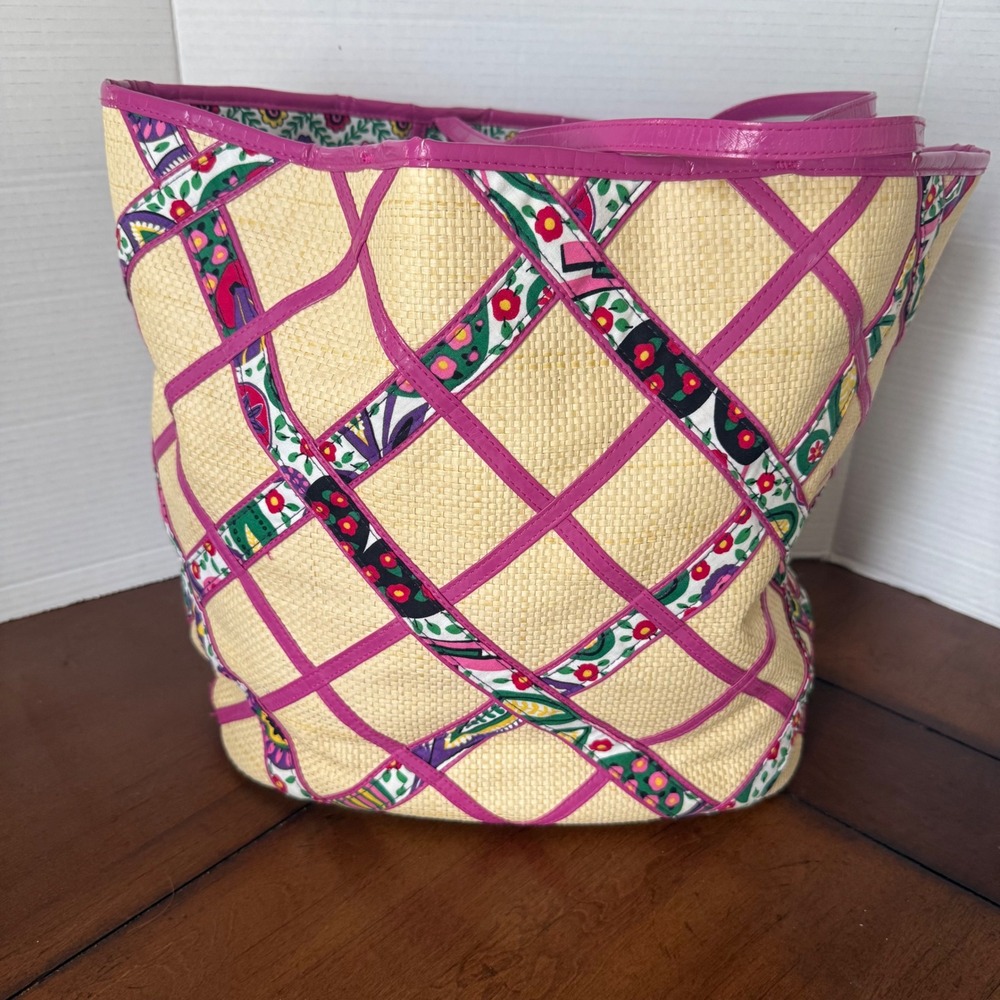Vera Bradley Straw Tote Bag Pink Lattice Floral Trim Summer Beach Shoulder Bag